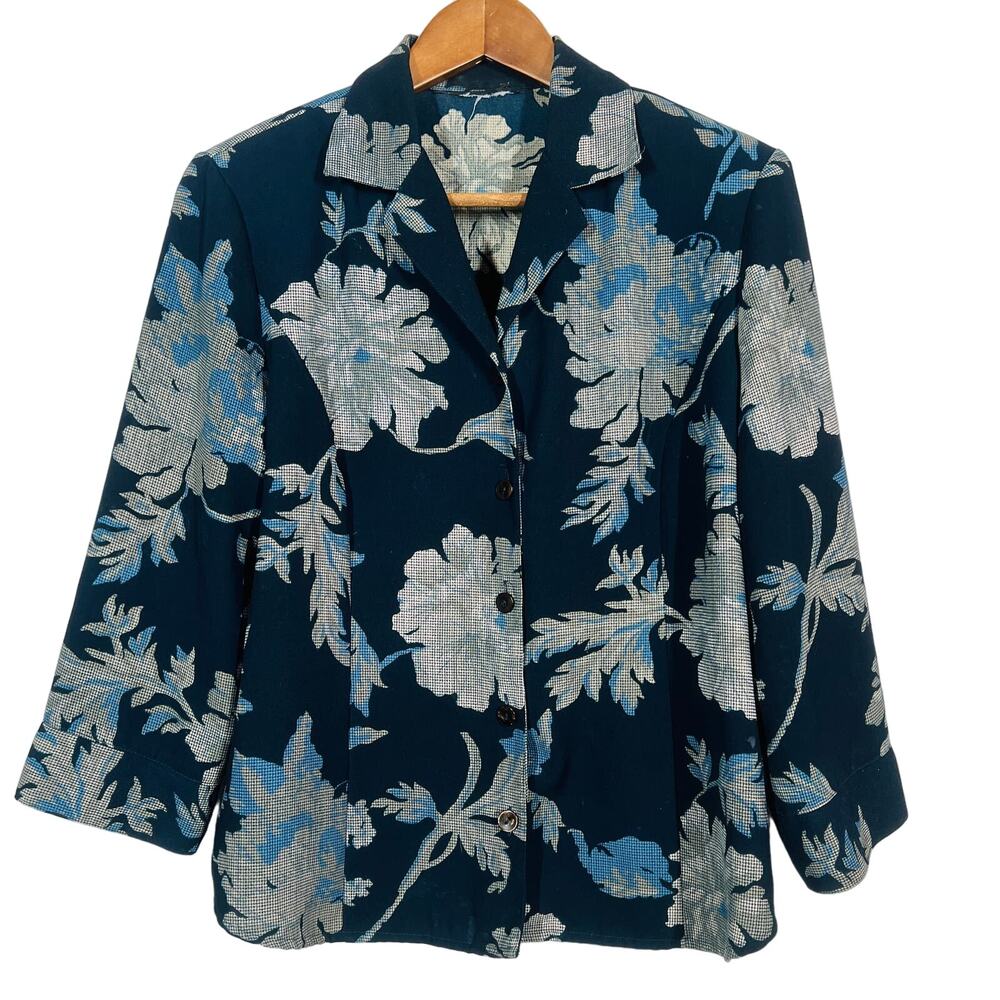 Vintage 80s Poly Button Up Shirt Floral Fitted Long Sleeve Blue Dark Floral - L